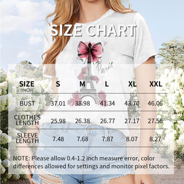 Women's Paris Eiffel Tower & Floral Bow Print Tee - Fashion Round Neck Summer Top - Image 3