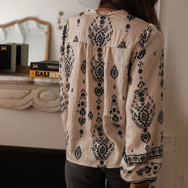 Women's Elegant Printed Blouse - Flowy Boho Shirt With Lantern Sleeves & Lace Trim, Vintage Ethnic Style Loose Top For Spring&Fall - Image 3