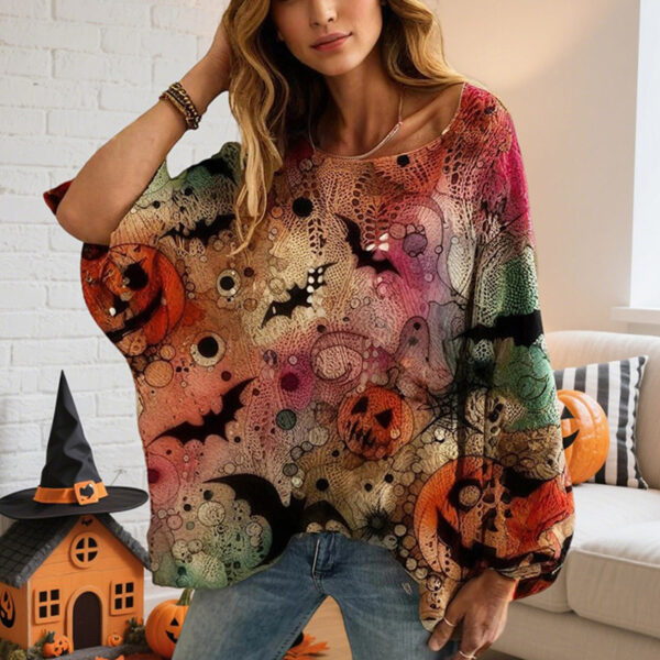 Women's Diamond Hollow Out Batwing Sleeve Top - Loose Fit Pumpkin Halloween Print Blouse For Spring Summer - Image 10