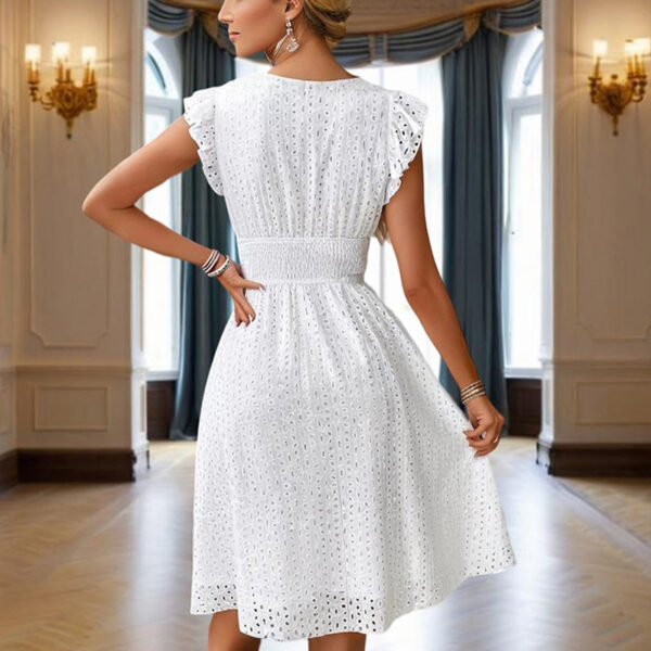 Women's Solid Color V-Neck Lace Short Sleeve Dress With Elastic Waist - A-Line Flowy Midi Dress For Summer Vacation - Image 4