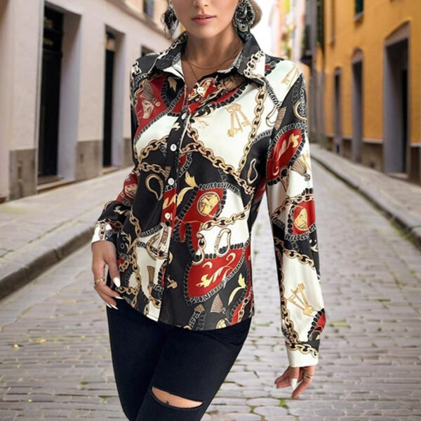 Women's Lapel Long Sleeve Shirt - Fitted Cut Intricate Print Button-Up Design Casual Spring&Fall Wear - Image 5