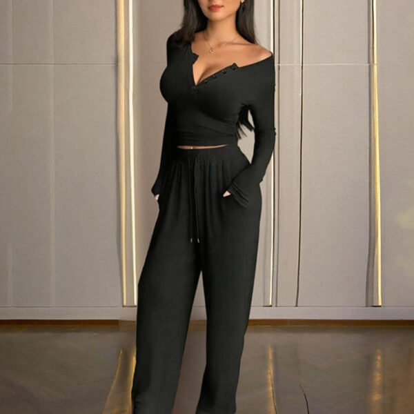 Women's Solid Color Fall&Winter Pants Set - Sexy V-Neck Button-Up Fitted Long Sleeve T-Shirt & High-Waist Flared Wide-Leg Stretchy Pants - Image 10