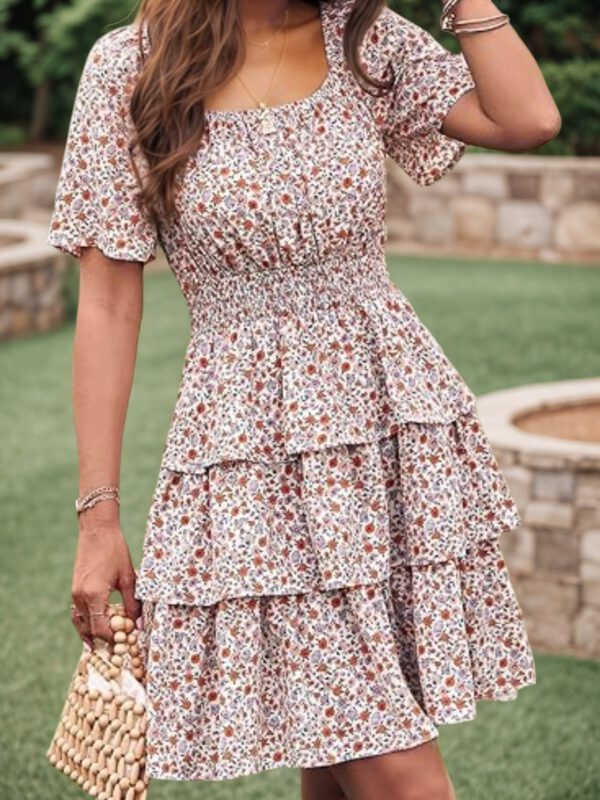2025 Women's New Floral Summer Short Dress Square Neck Short Sleeve Layered Folded Bohemian Pendant Skirt - Image 3