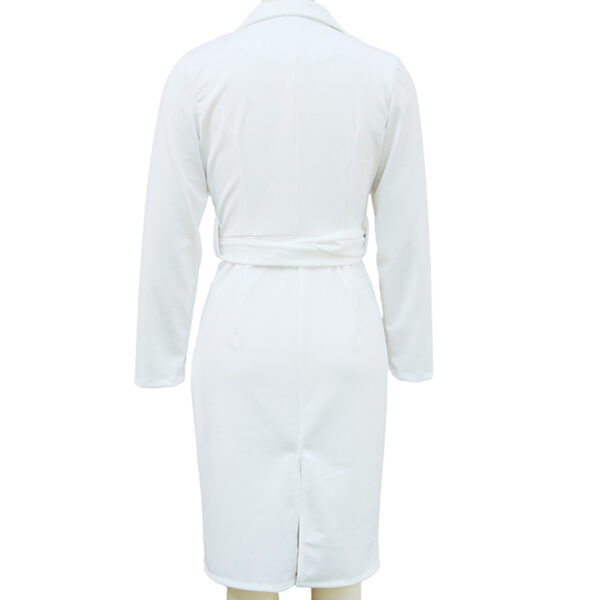 Women's Solid Color Blazer V-Neck Dress With Belt & Hem Slit - Slim Fit Formal Midi Dress For Spring&Fall - Image 9