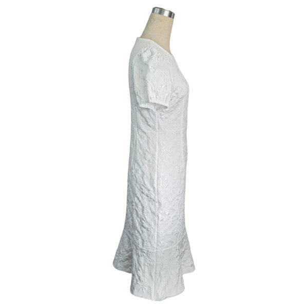 Women's Floral Jacquard Dress Women's Short Puff Sleeve Crew Neck Ruffle Hem Bodycon Dresses - Image 7