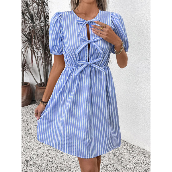 Women's Striped Tie Front Puff Sleeve Summer Casual Mini Dresses Loose Flowy Sundress - Image 8