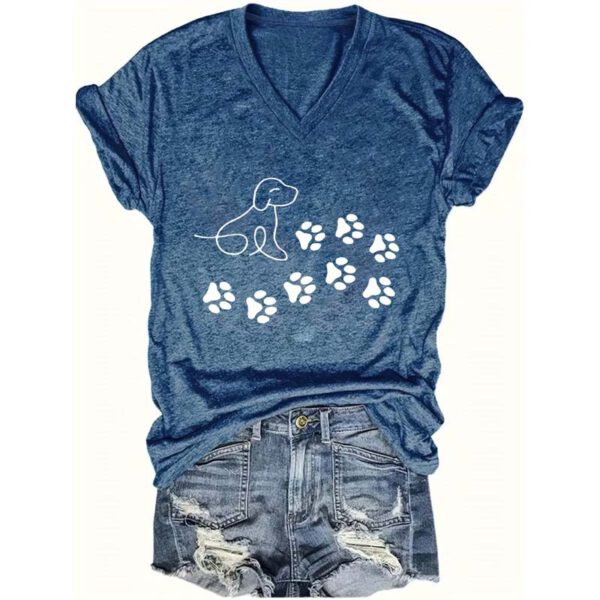 Women's V-Neck Short Sleeve T-Shirt - Cute Puppy & Paw Prints Graphic - Summer Casual Cotton Tee