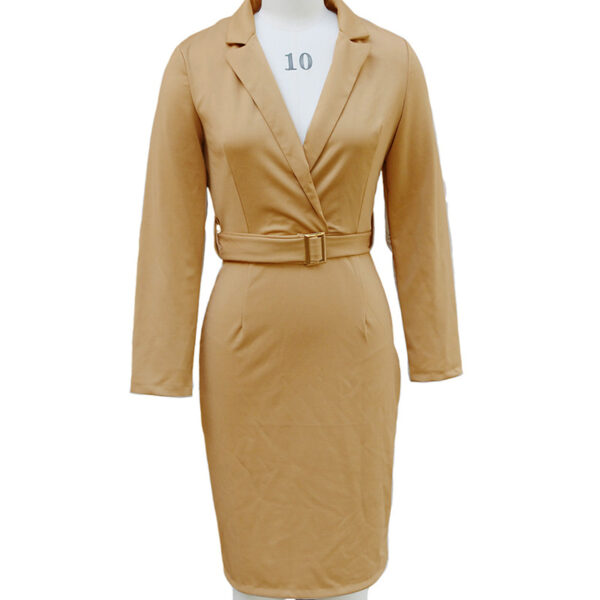 Women's Solid Color Blazer V-Neck Dress With Belt & Hem Slit - Slim Fit Formal Midi Dress For Spring&Fall - Image 5