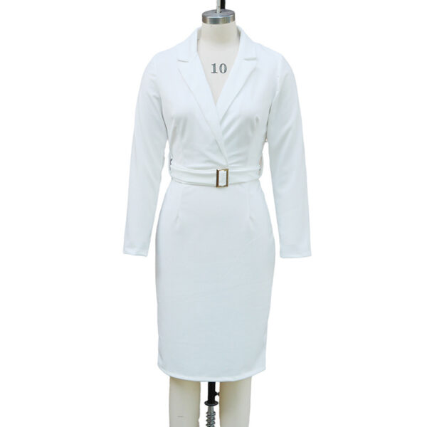 Women's Solid Color Blazer V-Neck Dress With Belt & Hem Slit - Slim Fit Formal Midi Dress For Spring&Fall - Image 7