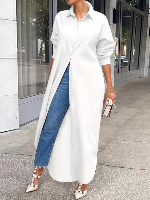 Women's Solid Button Design Longline Shirt, Casual Long Sleeve Outerwear For Daily Wear, Ladies Clothes For All Seasons, Top - Image 10