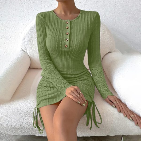 Women's Elegant Bodycon Dress - Round Neck With Button Detail, Solid Color Long Sleeve Lace Cuff & Drawstring Hem Holiday Dress - Image 5