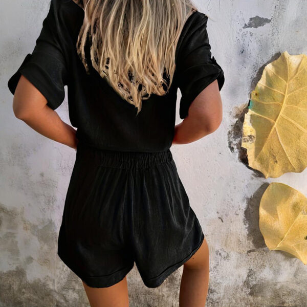 Women's Solid Color Lapel Short Sleeve Shorts Set - Button-Up Casual Two-Piece Outfit With Pocketed Shorts Summer Minimalist Outfit - Image 9