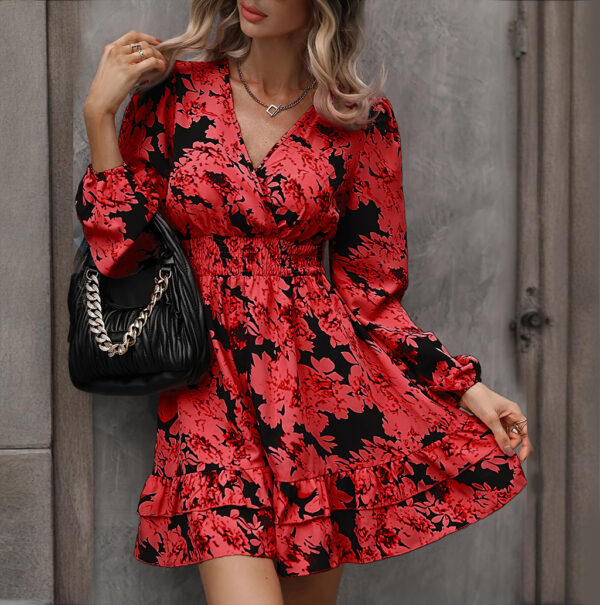 Women's Elegant Printed Lantern Sleeve A-Line Dress V-Neck, Ruffled Gathered Waist Detail, Flowy Midi Dress For Casual & Formal Occasions - Image 7