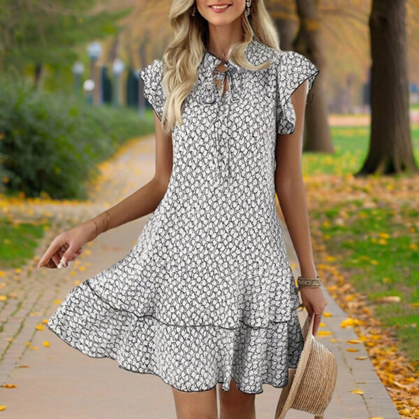 Women's Solid Color Print V-Neck Short Sleeve Dress - Summer Comfort Lace Trim Dress With Tie Detail - Image 3