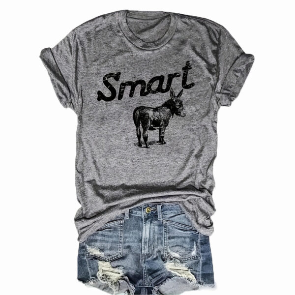 Women's Round Neck Short Sleeve T-Shirt - Donkey & 'SMART' Letter Print Casual Summer Top