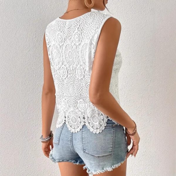 Womens Floral Lace Tank Top Sleeveless Blouse Crew Neck Hollow Out Summer Casual Shirt - Image 6
