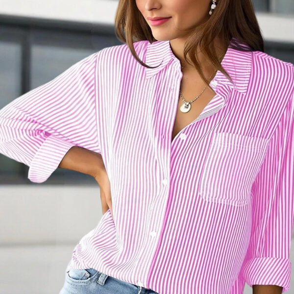 Women's Elegant Striped Long Sleeve Shirt - Pointed Lapel Collar With Chest Pocket, Button-Up Casual Blouse For Spring&Fall - Image 7