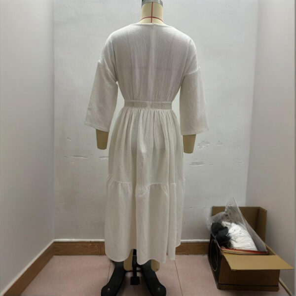 Women's Solid Color Deep V-Neck Long Sleeve Translucent Stitching Design Maxi Beach Bohemian Style Dress - Image 2