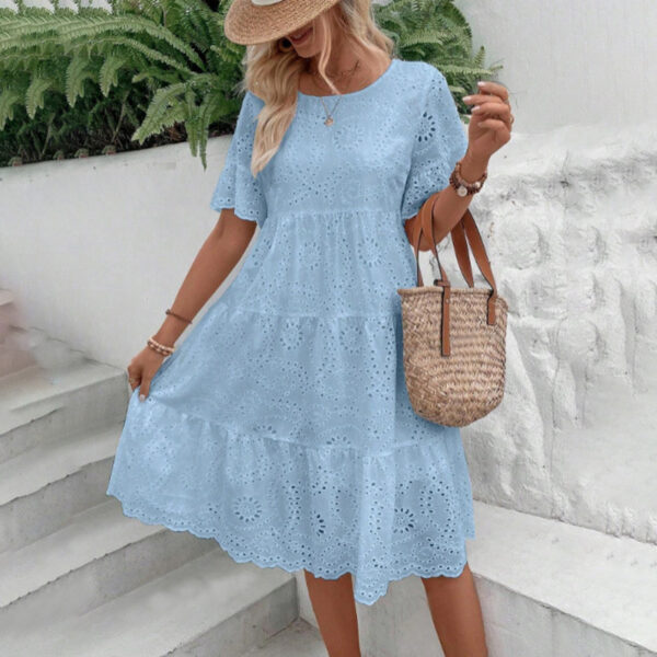 Women's Round Neck Embroidered Lace Short Sleeve A-Line Elegant Summer Vacation Dress - Image 10