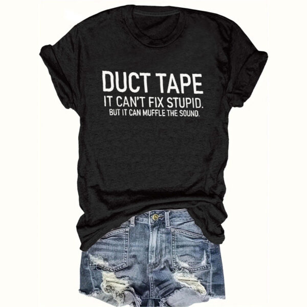 Women's Black Round Neck Slogan Print T-Shirt - Casual Short Sleeve Tee