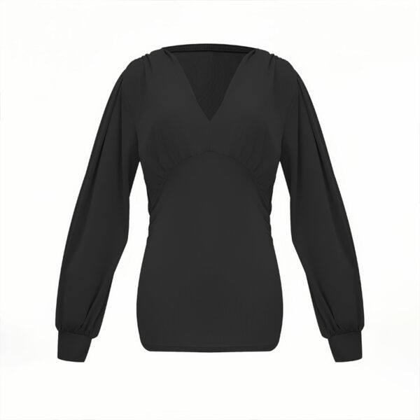Women's Elegant Solid Color Deep V-Neck Long Sleeve Top With Draped Detail - Casual Pullover Blouse For Spring&Fall - Image 3