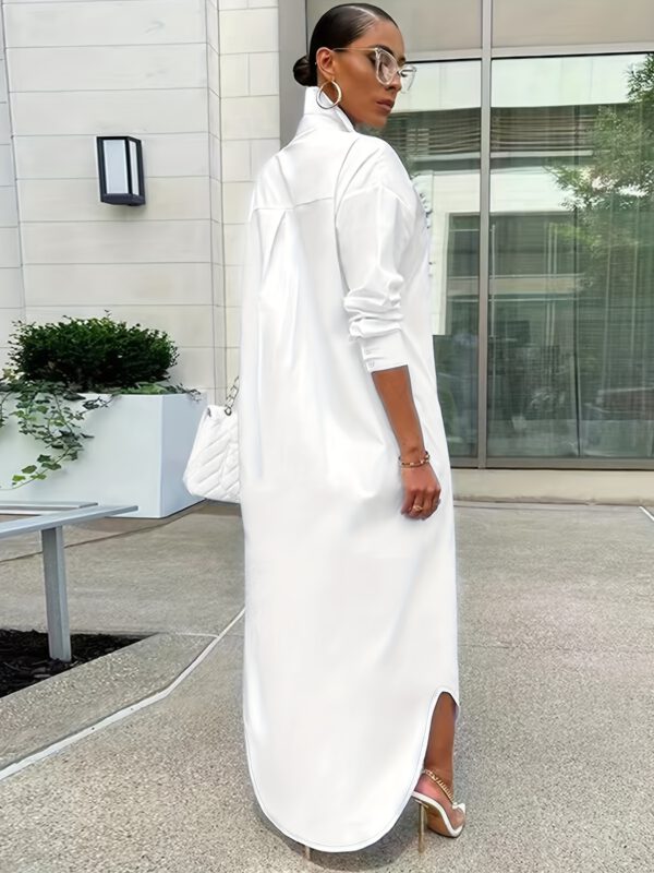 Women's Solid Button Design Longline Shirt, Casual Long Sleeve Outerwear For Daily Wear, Ladies Clothes For All Seasons, Top - Image 3