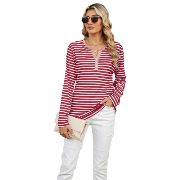 Women's V-neck Striped Loose Long-sleeved T-shirt Top - Image 8