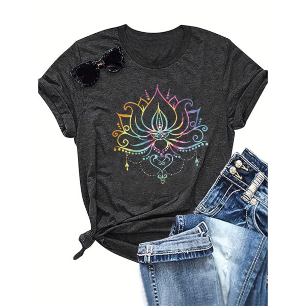 Women's Round Neck Short Sleeve T-Shirt With Colorful Lotus Print, Casual Summer Top